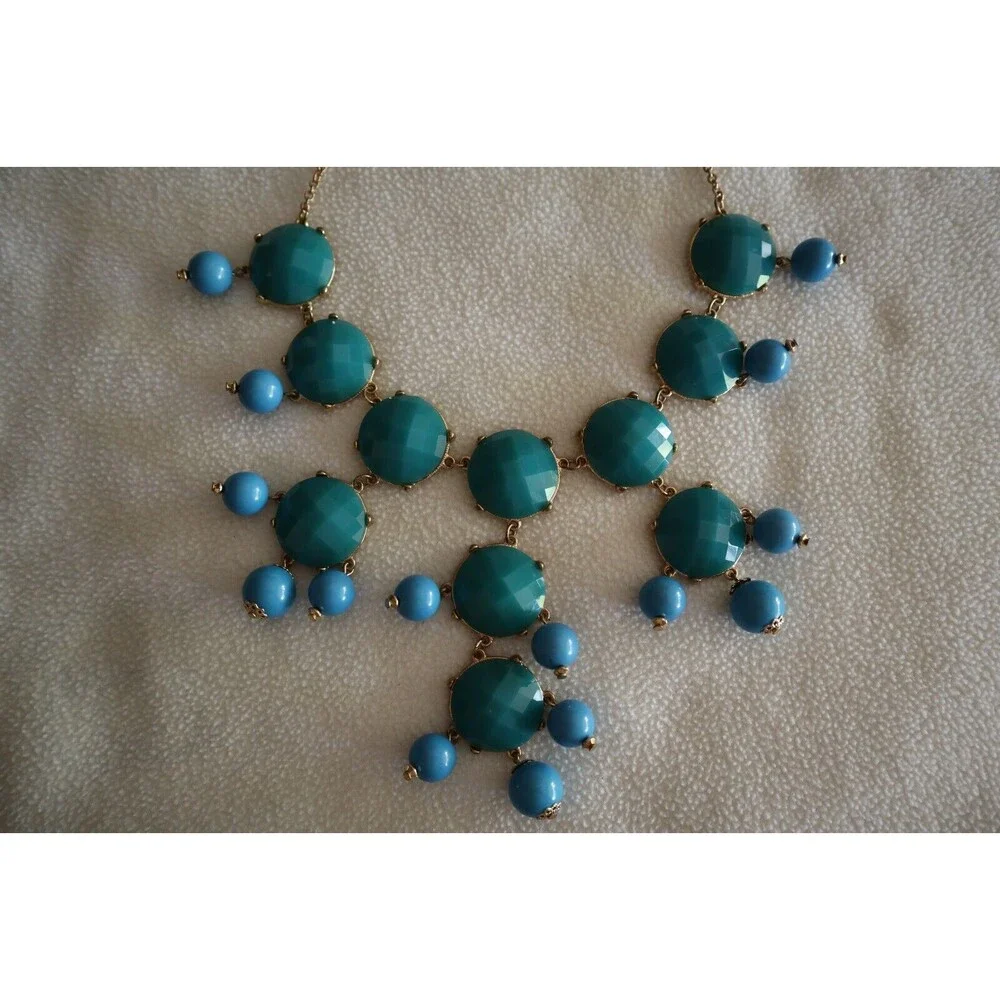 2 Tone Statement Bib Necklace Green Blue Acrylic Bubble Gold Tone Chunky 25